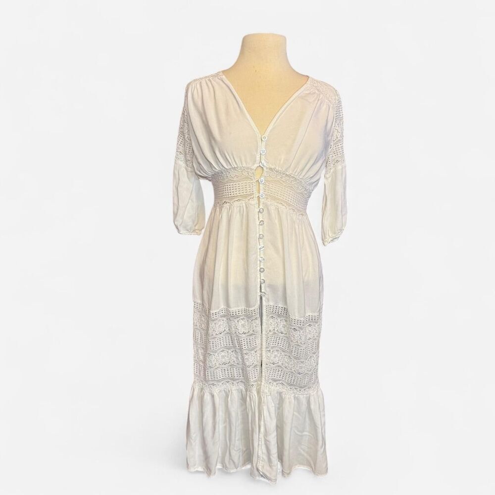 Women’s white button down crocheted boho festival summer maxi dress